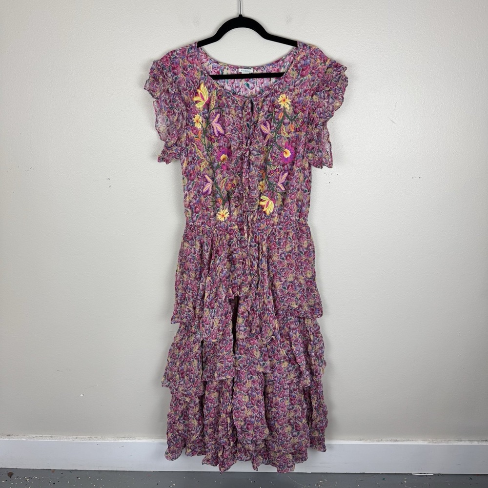 Sundance Catalog Pink Tiered Floral Eden Embroidered Dress Size M $298 Boho